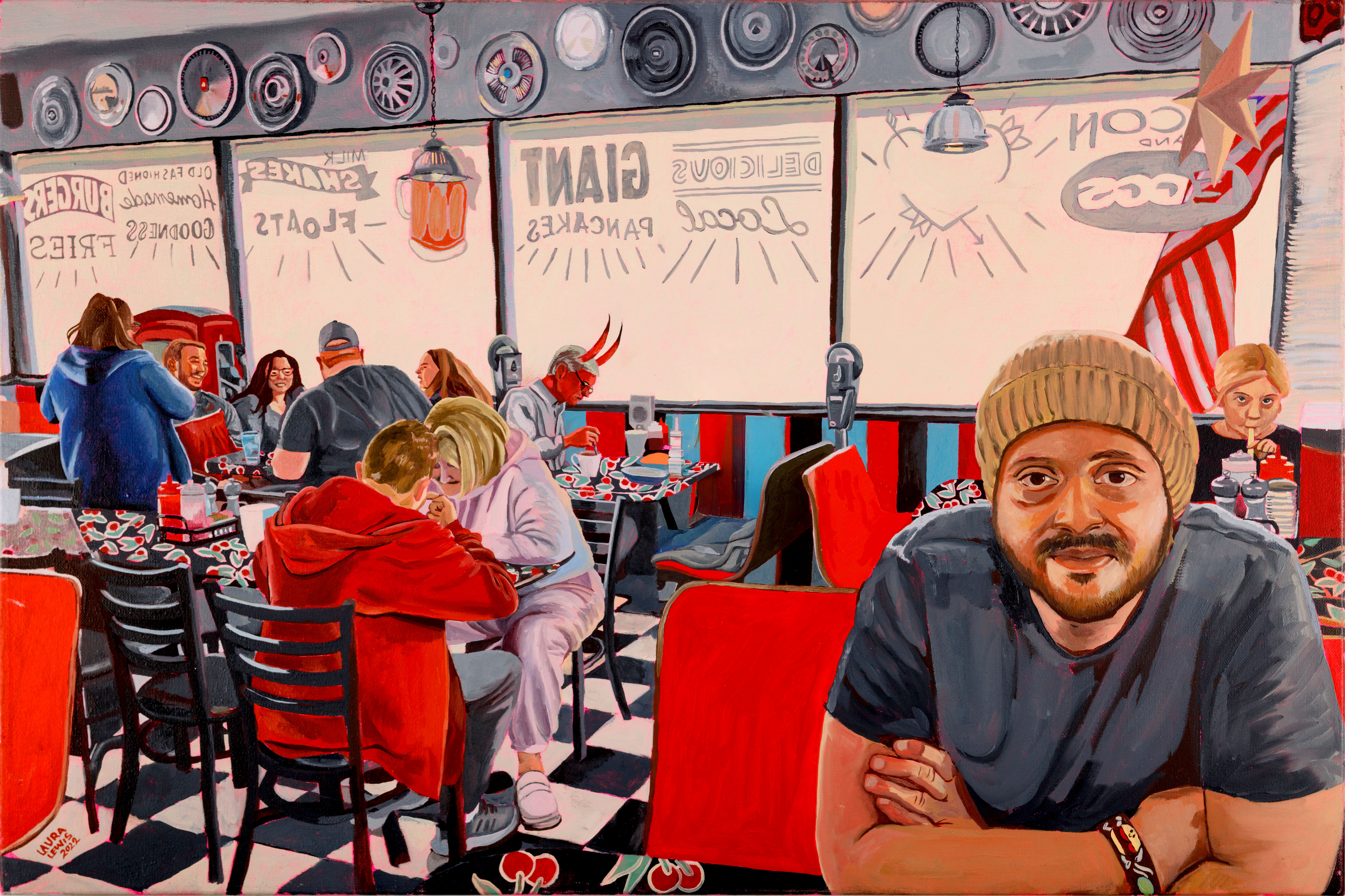 Oil painting by Laura Lewis depicting a lively diner scene
